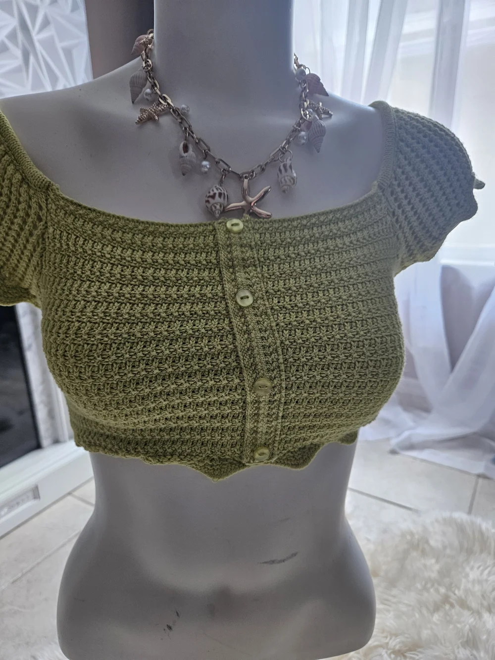 Zara Olive Green Crochet Crop Button-Front Top